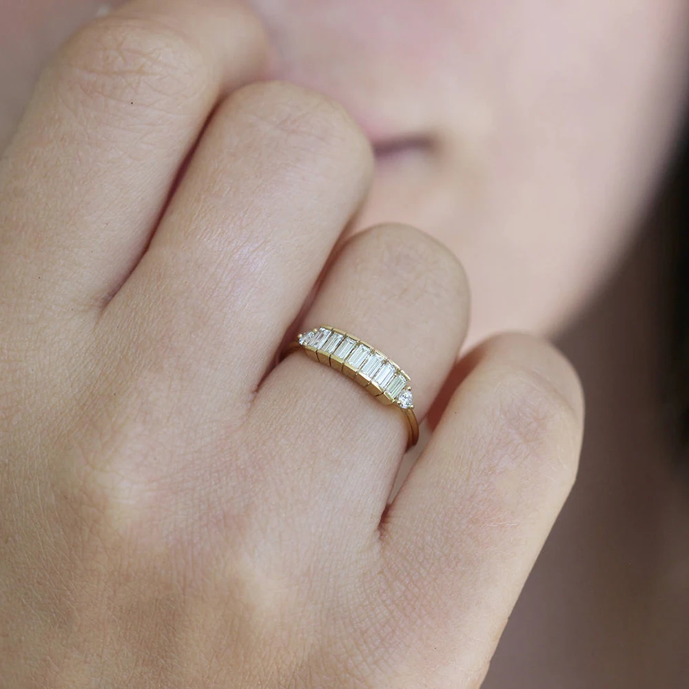 14K желтое золото 7 шт изумруд Moissanite обручальное кольцо всего 0.9ctw лаборатория