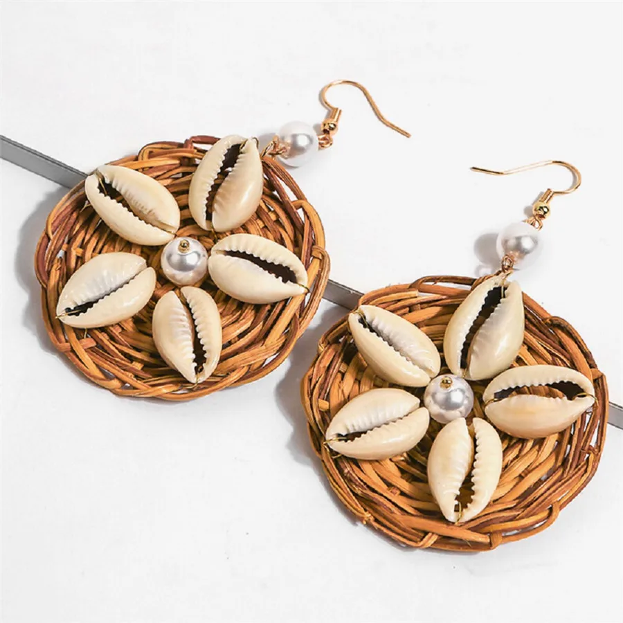 Женские плетеные серьги из ракушек в стиле бохо длинные ротанга ручной работы