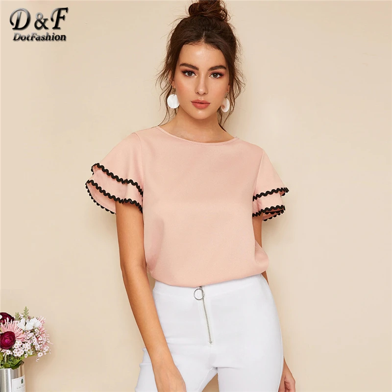 Dotfashion/розовые женские топы и блузки, контрастная волнистая отделка кружевом, многослойный летний топ с оборками на рукавах, женская блузка с коротким рукавом