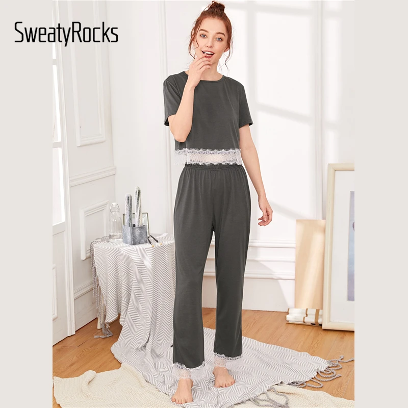 SweatyRocks, серый топ с кружевной отделкой и штаны, пижамный комплект, повседневный топ и длинные штаны, одежда для сна, летняя однотонная Пижама, женская одежда для сна
