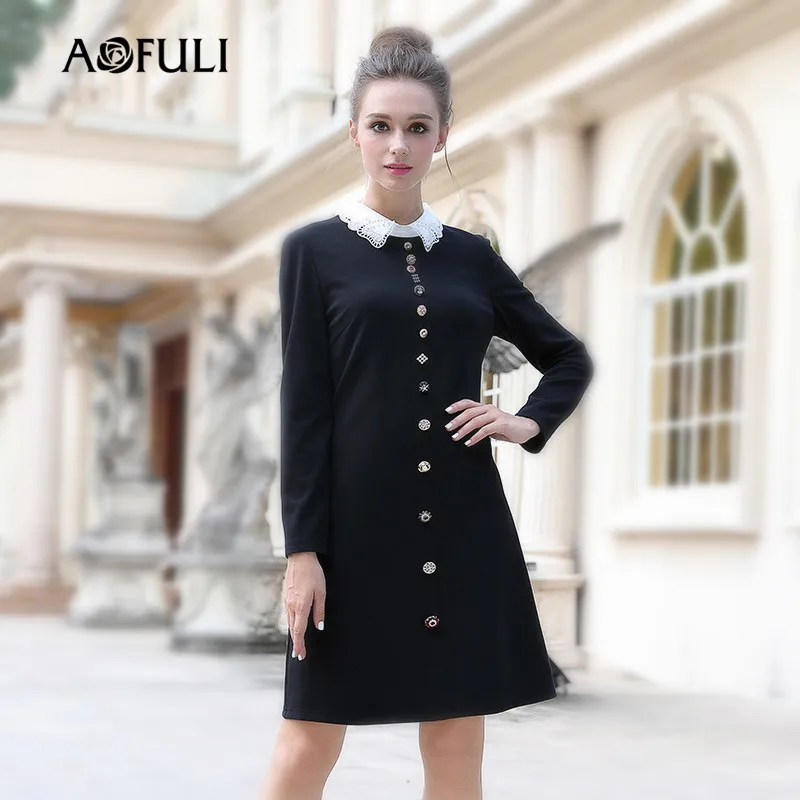 AOFULI l-xxxxl 5XL плюс размер зимнее платье Осень Элегантное женское с длинным рукавом черное прямое офисное женское OL платье-рубашка