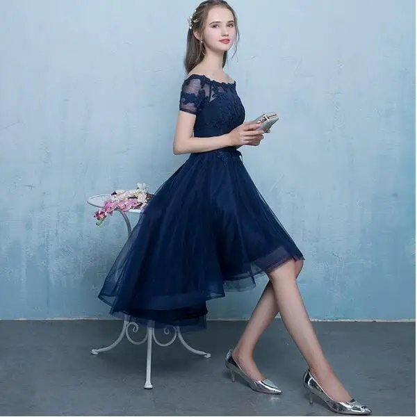Robe de soiree, темно-синее вечернее платье на шнуровке с аппликацией, короткое спереди и длинное сзади, вечерние платья, платья для выпускного вечера - Цвет: Navy Blue A
