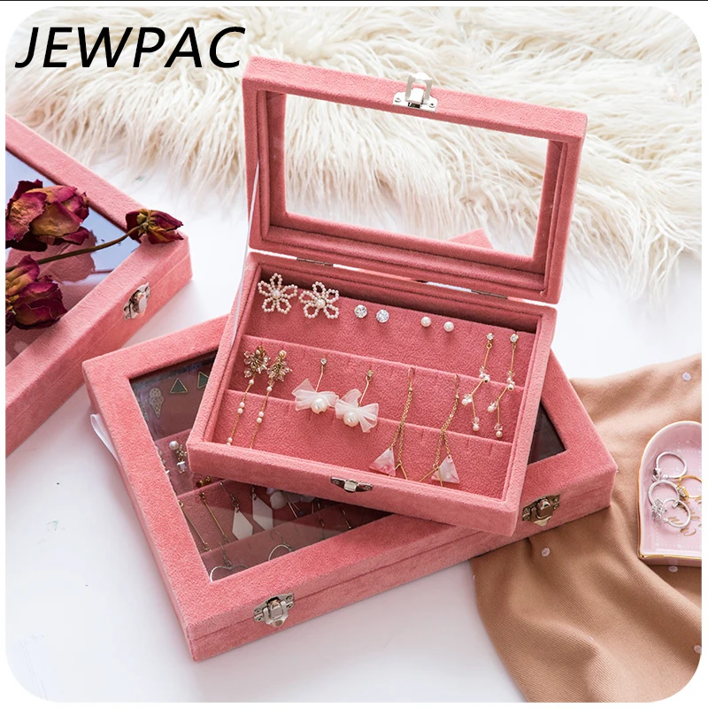 JEWPAC ювелирный дисплей Розовый бархатный чехол для переноски со стеклянной