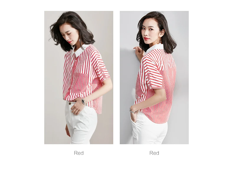 Vimly Women Striped Blouse Shirt Casual Summer Red Blouse Shirts Cotton Office Tops Street Wear High Street Style Button Pocket
