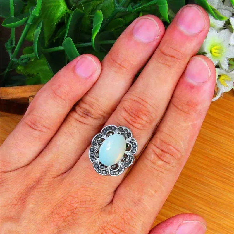 Oval Transparent Opal Rings For Women Antique Silver Plated Rhinestone Plum Flower Vintage Jewelry TR706|Кольца| |
