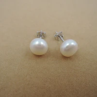 drop free shipping 100 nature freshwater pearl stud earring925 silver hook 11 12 mm round pearl button shape