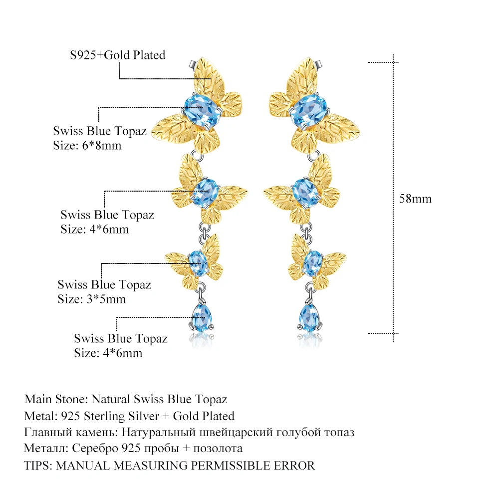 

GEM'S BALLET 925 Sterling Silver Original Handmade Butterfly Drop Earrings Natural Swiss Blue Topaz Gemstones Earrings for Women