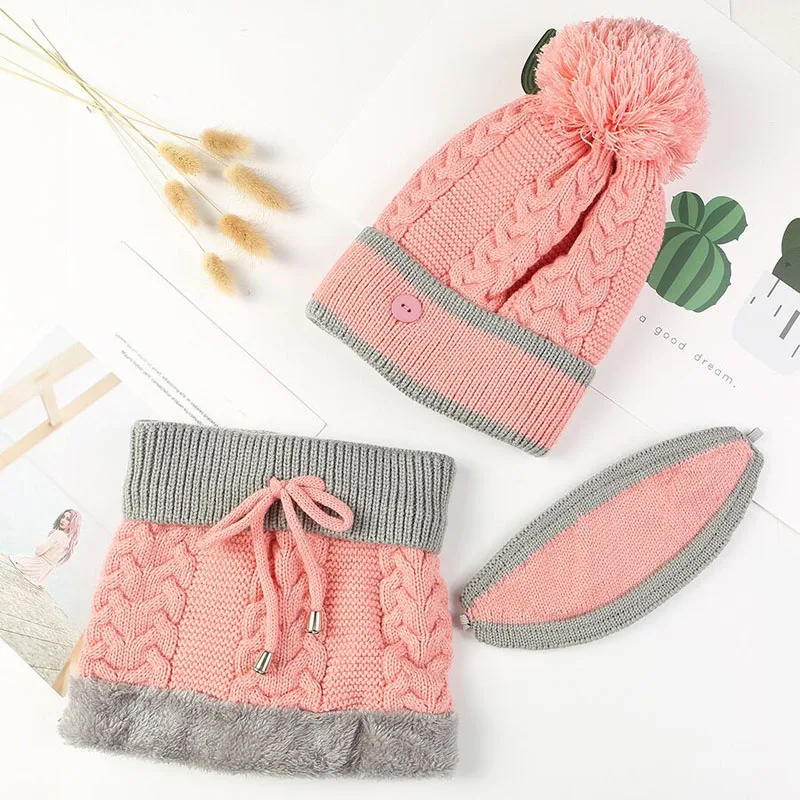 pink Теплые лыжные брендовые большие Меховые помпоны для девушек, вязаные шапки, шарф, шапка, набор зимних женских шапок, плотная шапка Skullies, женская шапка - Цвет: pink