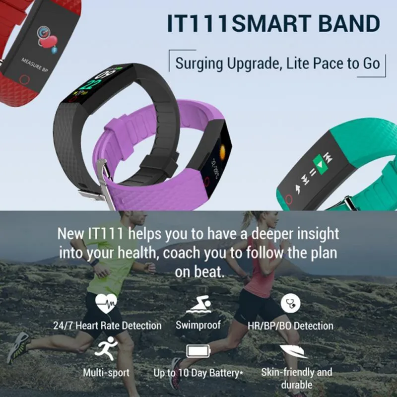 

IT111 Sport Smart Wristband Bracelet Step Counter Blood Pressure Heart Rate Monitoring Color Screen Bracelet Smart Wristband