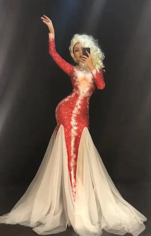Dress Рождество Для женщин сексуальная сцена красный длинный белый текстиль; шикарное платье сверкающими кристаллами сцена для ночного клуба Одежда танцор певец платье - Цвет: Dress