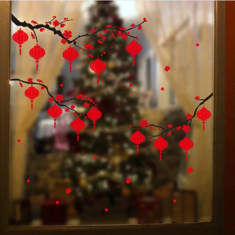 Праздничный красный Фонари стены Стикеры Happy 2018 Новый год сливы цветок Наклейки