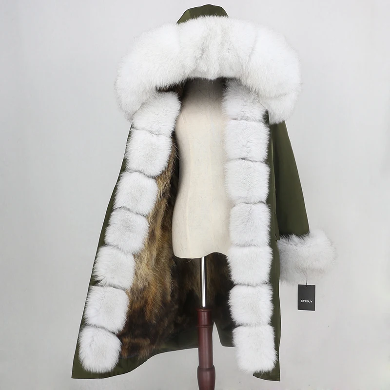 green natural white OFTBUY, зимняя женская куртка, пальто с натуральным мехом, удлиненная парка, водонепроницаемая верхняя одежда, Воротник из натурального Лисьего меха, капюшон, подкладка из лисьего меха, съемная - Цвет: green natural white