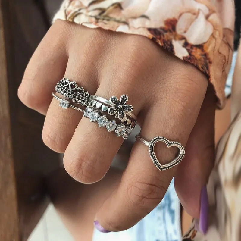 6 комплектов Кристальные полые кольца в форме сердца и цветка для женщин