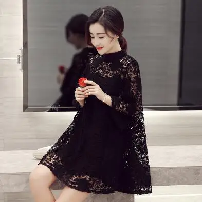 black Лето Женская Кружева Холлоу Свободные Dress Casual Sweet Шеи O Пуловеры Three Четверти Рукав Две штуки Дамы Белый Черный Платья - Цвет: black