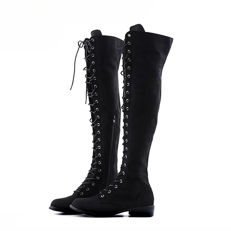 Женские сапоги до колена на толстой подошве с перекрестными ремешками|Ботфорты| |