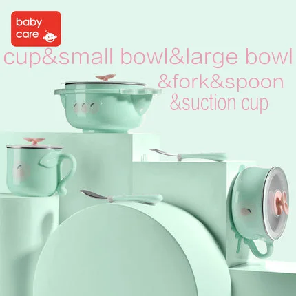 Green-5pcs BabyCare 5 шт./компл. детский браслет из силиконовой нержавеющей стали столовые приборы блюдо дети присоска Ложка Вилка чашка детская еда тренировочный контейнер - Цвет: Green-5pcs