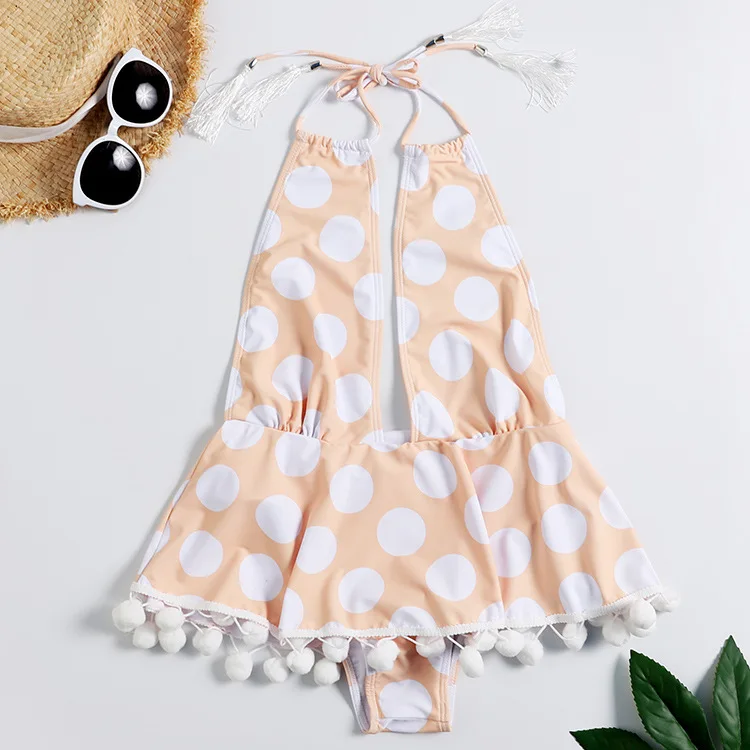 

Deep-V Style Women Swimwear Cute Polka Dot Print One Piece Swimsuit with Pom Pom Ball Tassel Bodysuit Monokini 2019 Beachwear