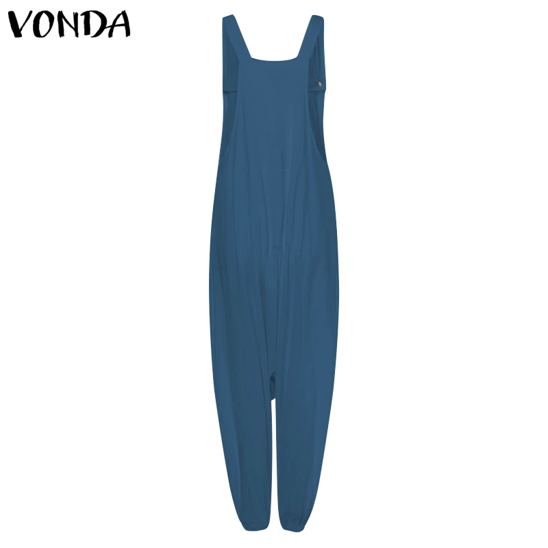 VONDA, комбинезоны размера плюс, женские комбинезоны,, летние повседневные Хлопковые Штаны-шаровары, Vinatge, сексуальные длинные комбинезоны без рукавов