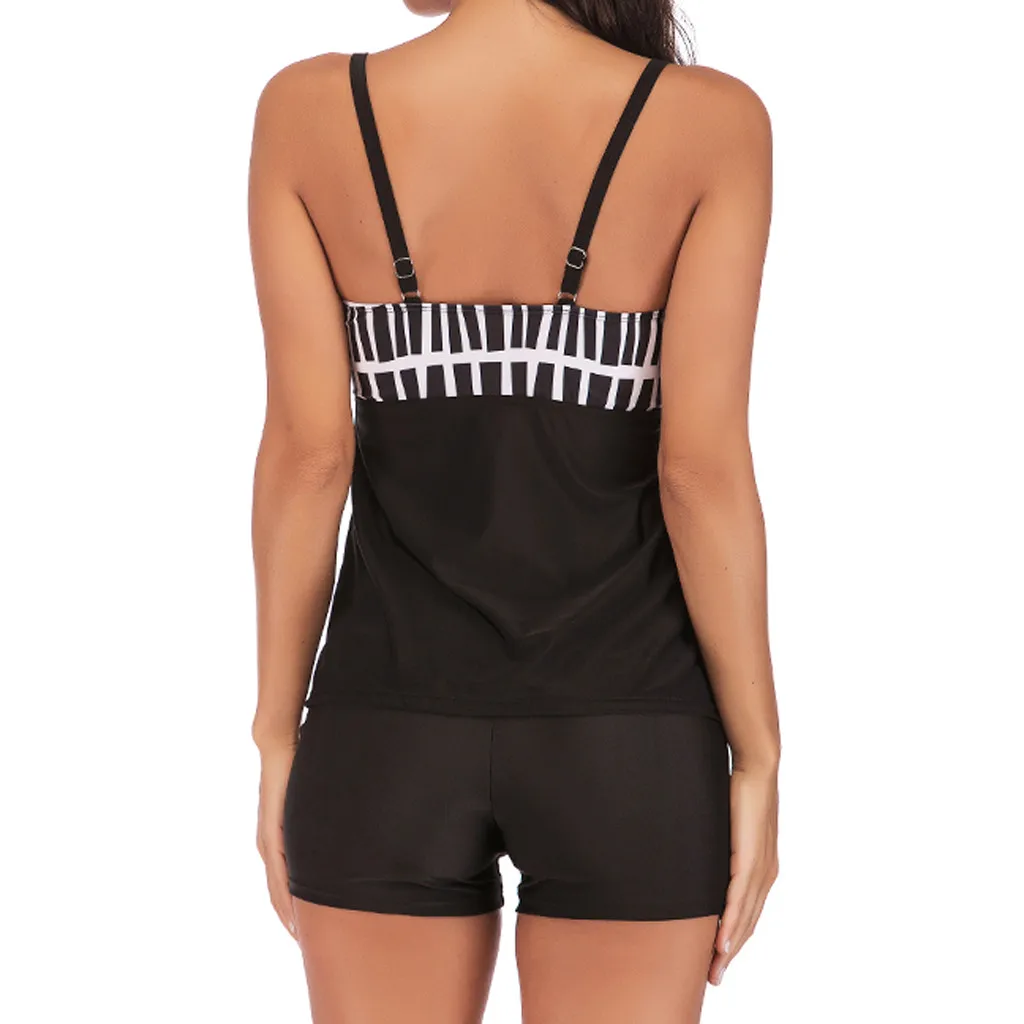 Women's Large Plus Size Conservative Plaid Print Black Split Swimsuit Beach Dress With Shorts Two Pieces Padded Bra Swimwear |