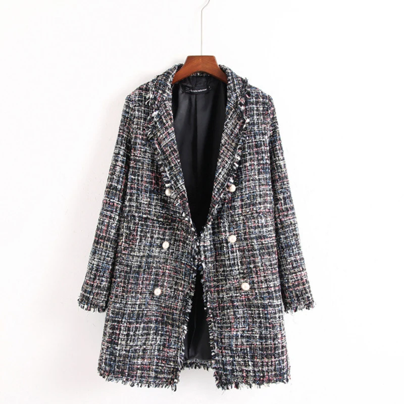 Thinyfull женские зимние пальто 2018 Pearl Button Twill Кисточкой Свободные плед твид отложной