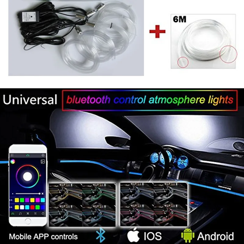 

New Sound Active EL Neon Wire Strip Light RGB LED Car Interior Light Multicolor Bluetooth Phone Control Atmosphere Light 12V Kit