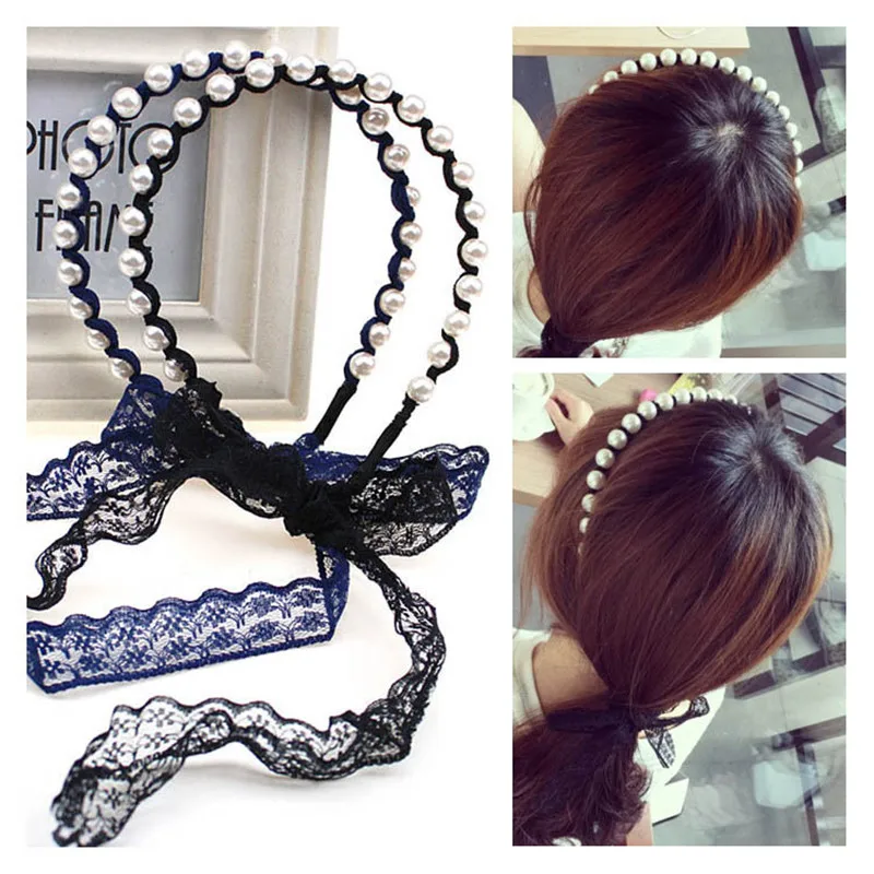 1 шт. Кружевная повязка на голову с жемчугом и бантом|girls hair accessories|hair accessorieshair