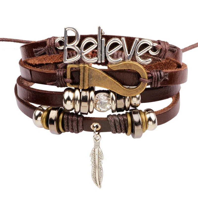 believe bracelet NIUYITID ручной работы перо лист мужские браслеты для мужчин многослойные кожаные аксессуары мужские браслеты дружбы ювелирные изделия - Окраска металла: believe bracelet