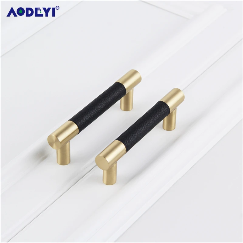 Leather & Brass cabinet knobs and handles drawer handle furniture decotation handles bathroom cupboard Knobs pull handle black images - 6