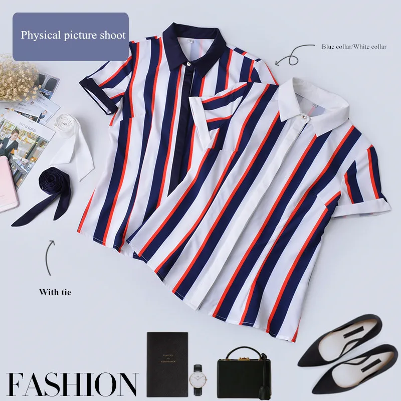 

New summer elegant bow tie stripe shirt women OL new formal short sleeve chiffon blouse office ladies plus size work slim tops