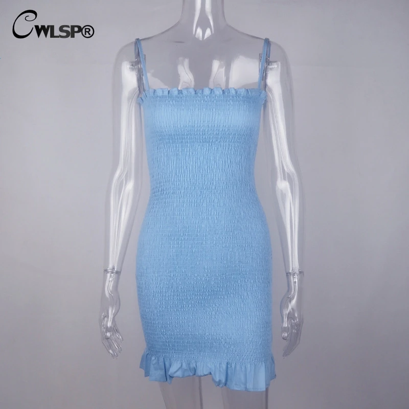 Синее летнее Мини Платье CWLSP с высокой талией оборками женские вечерние