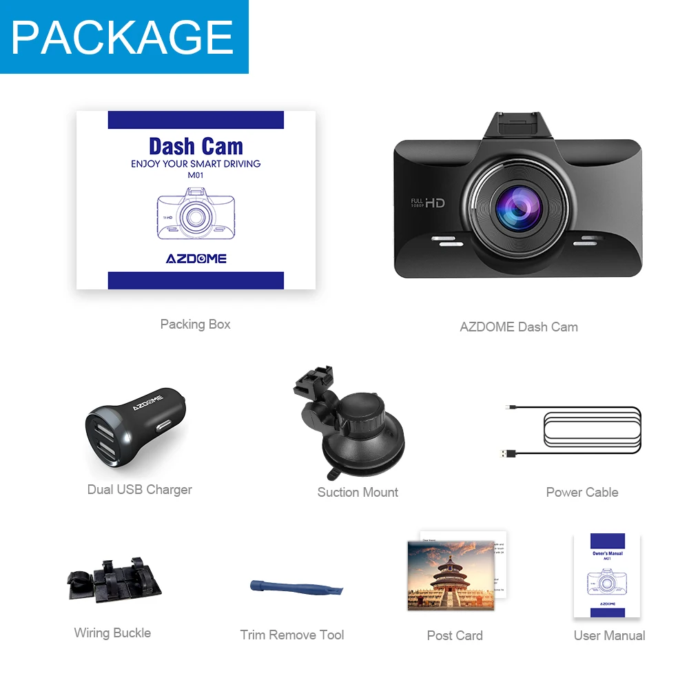 AZDOME M01 Мини Full HD1080P Dash Cam 3 дюйма 2.5D ips экран Автомобильный видеорегистратор камера видеокамера авторегистратор Dash камера