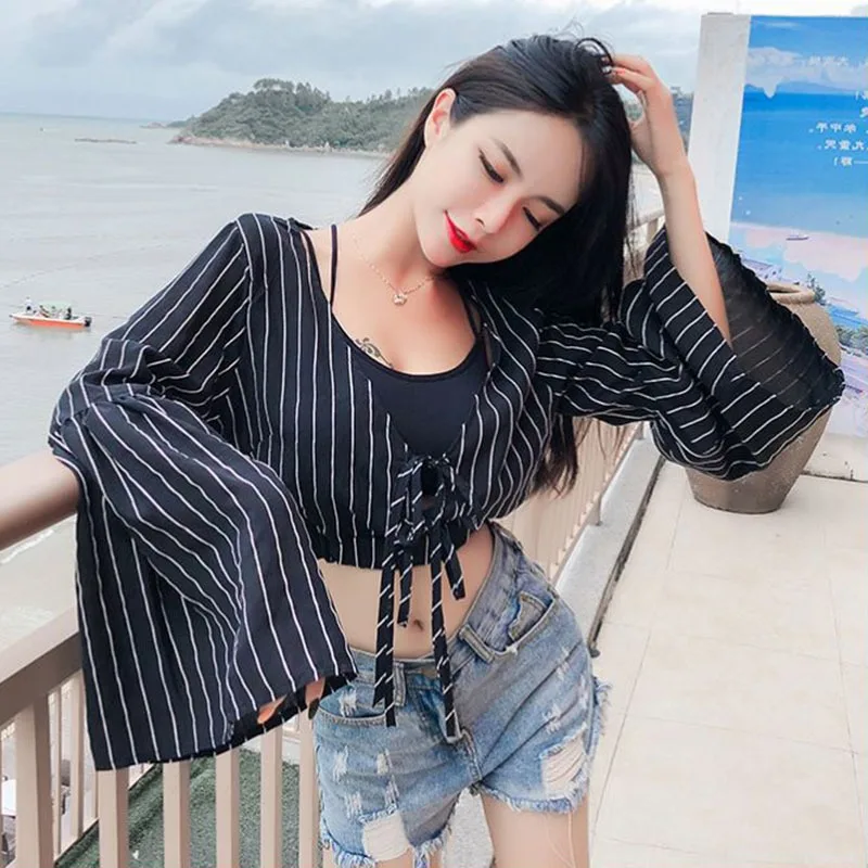 

2019 Women's Crop Top V Neck Long Sleeve Striped Print Short Blouse Ladies Slim Lace Up Shirt