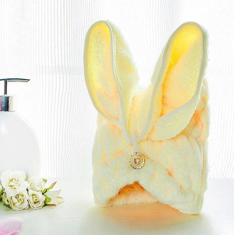 Yellow Милые кроличьи уши кораллового бархата сухие волосы шляпа супер абсорбент полотенце сухие волосы повышенное утолщение душ Шапка-тюрбан - Color: Yellow