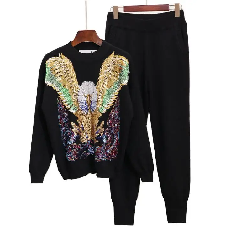Autumn Knitwear Two Pieces Set Womans Two-piece Suit Sequins Eagle Sweater + Casual Trousers Ladies Knitting Pants Femme |