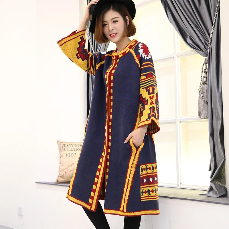 Этнические Длинные кардиганы с геометрическим принтом женские пончо 2018