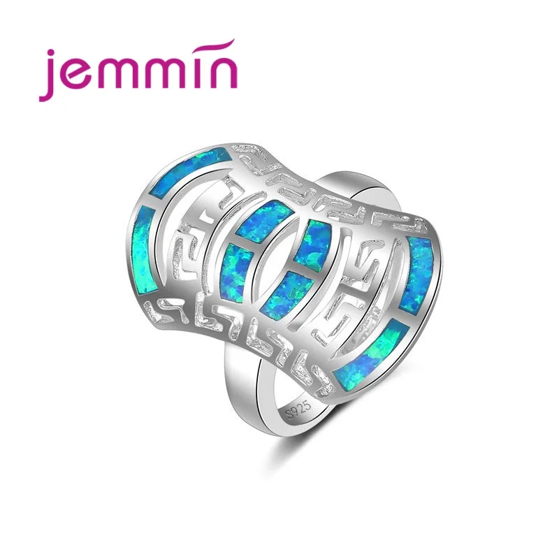 925 Sterling Silver Blue Opal Rings Fine Jewelry Hollow Ring For Women &amp Men Vintage Elegant Style. |