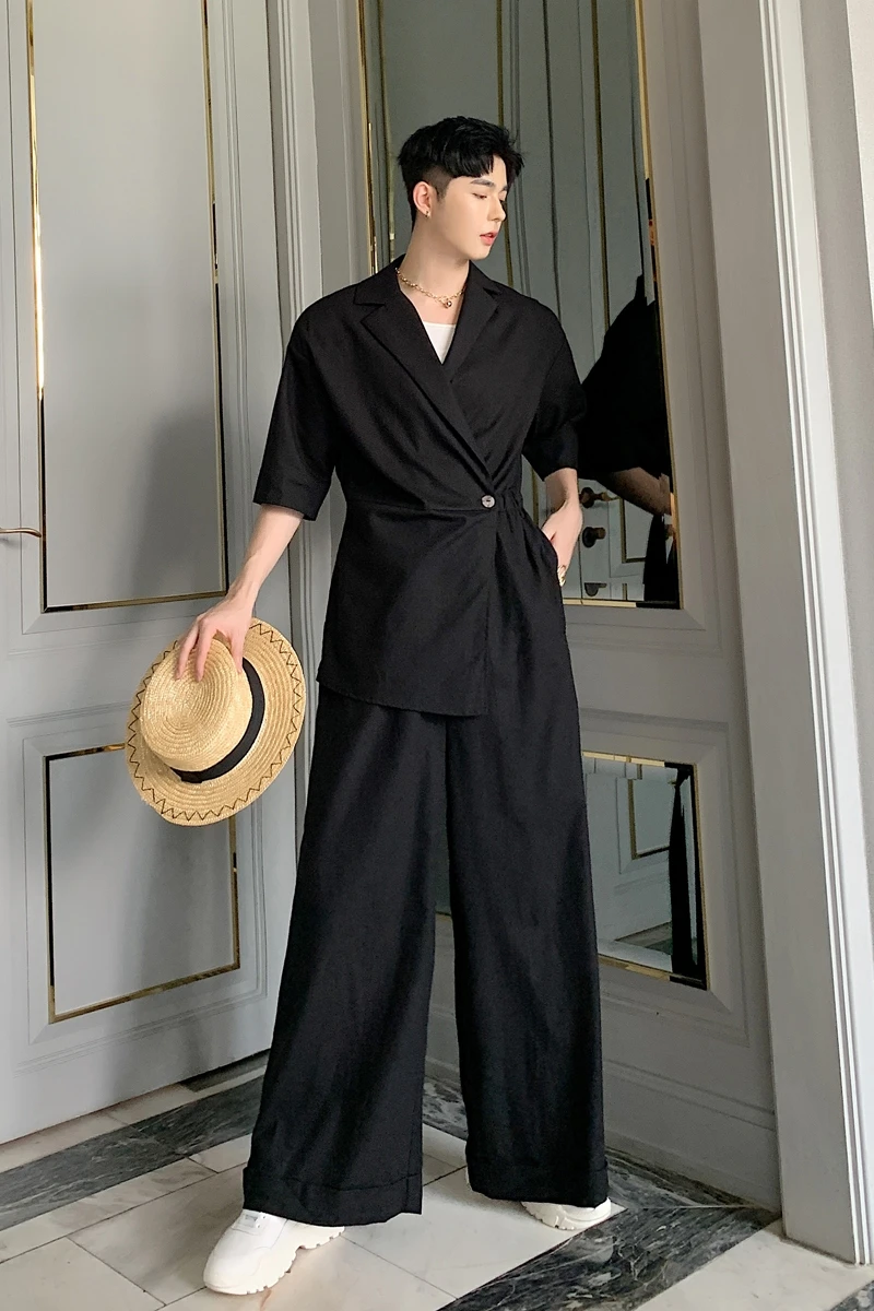 

M-XXL!Summer personality fashion suit collar design men's loose cotton and linen jumpsuit trend male youth high waist slim wide.