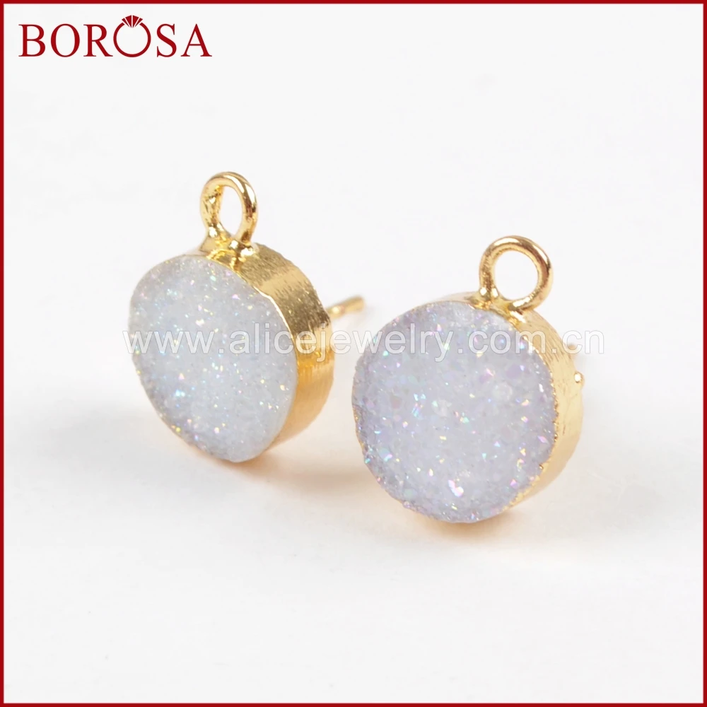 

BOROSA 5Pairs Gold Color 10mm Round Drusy Titanium Druzy Mixed Colors Stud Earrings with Charm for Women's Earring Jewelry G1537