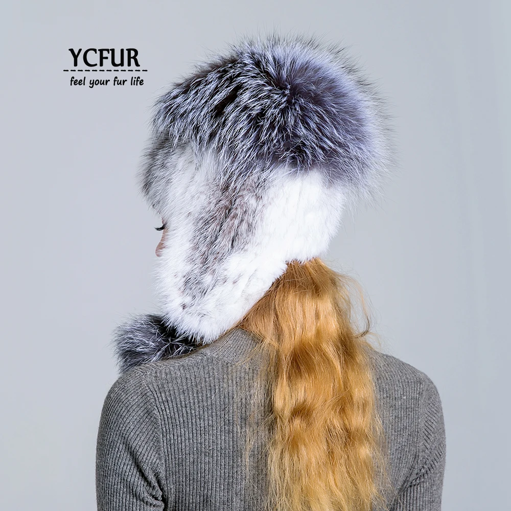 

[YCFUR] Bomber Hats Women Sew Strips Mink Fur Hat Cap Ears Warmer Silver Fox Fur Top Poms Caps Hats Ladies