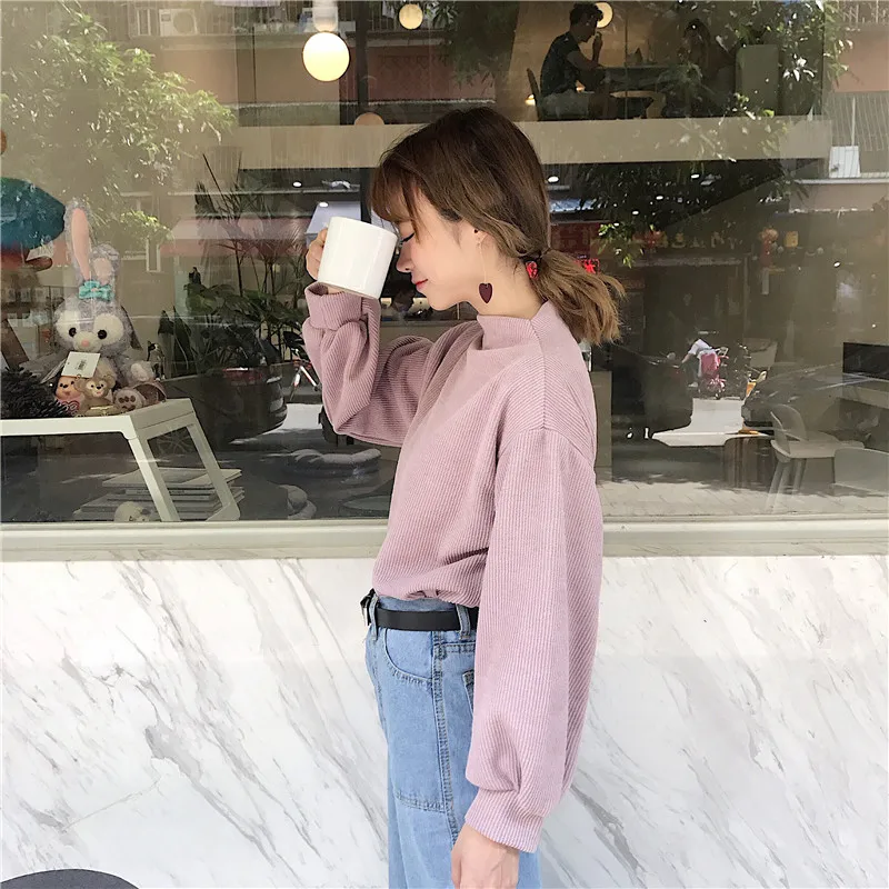 Толстовки Ulzzang, однотонные Вельветовые женские шикарные свитшоты с пышными рукавами, Модные свободные милые повседневные женские пуловеры в Корейском стиле