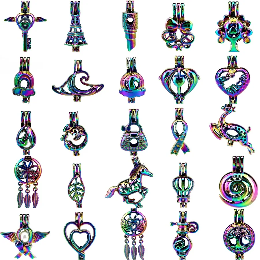 

1X Rainbow Cage Dream Catcher Key Mermaid Heart Deer Snail Bowknot Locket Perfume Diffuser Oyster Pearl Beads Cage for Pendant