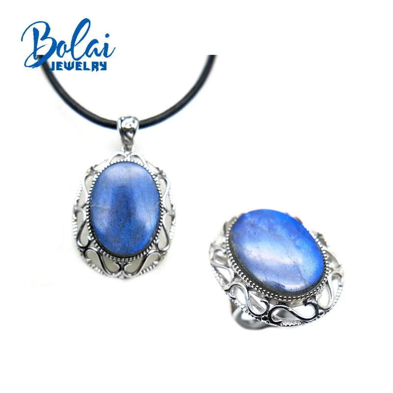 Bolaijewelry, продукт Ретро стиль кулон натуральный лабрадорит кулон и кольцо 925 Серебряный кулон ожерелье как женщина лучший подарок