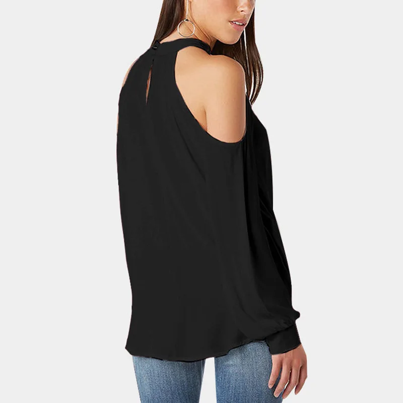 Мода женщин Холтер холодной плеча V шеи сплошной цвет блузка Рубашки Топы GM |