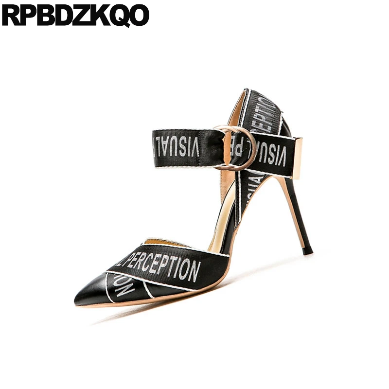 Scarpin/черные роскошные брендовые туфли на высоком каблуке; женские туфли с ремешком на щиколотке; очень знаменитость туфли с острым носком; очень большой размер 33; Новинка