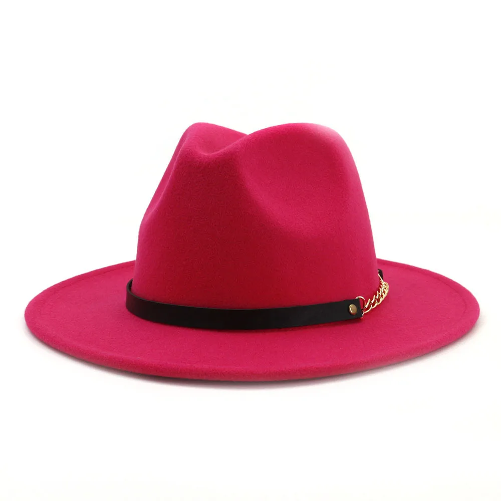Новая модная мужская шляпа fedoras Женская модная джазовая шляпа лето весна черная Шерстяная кепка Уличная Повседневная шляпа ремень с металлической пряжкой - Цвет: Rose red
