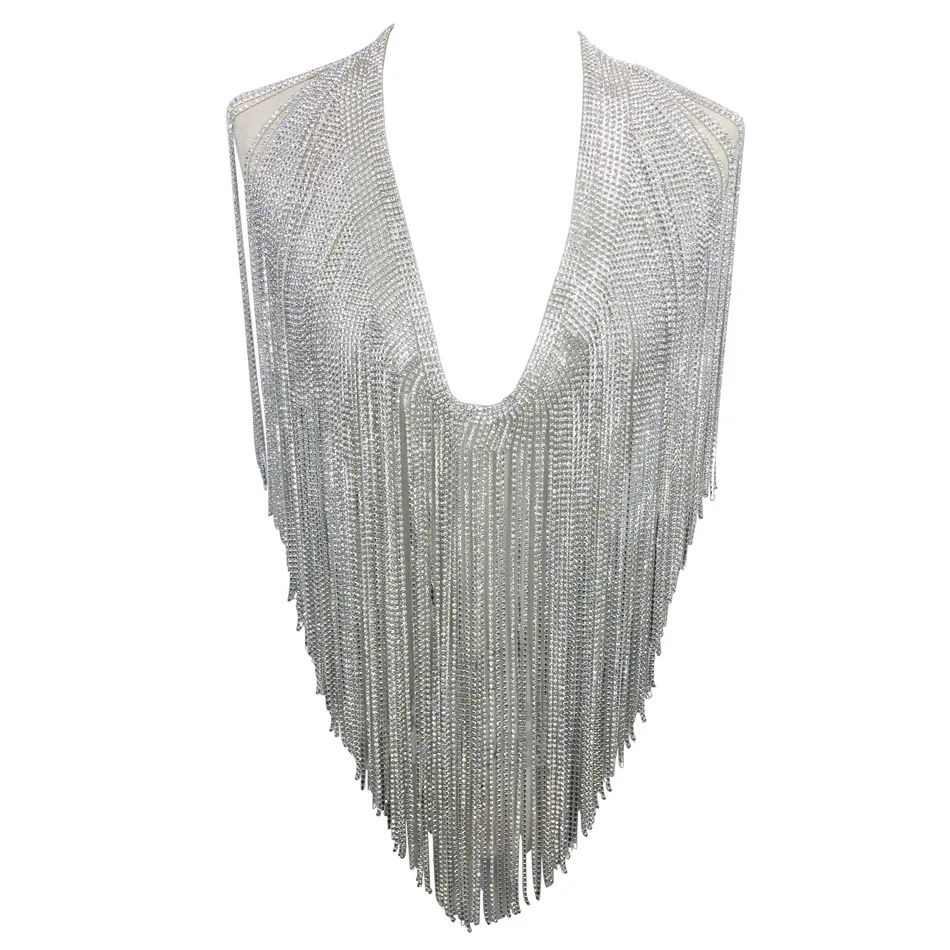 silver fringe top S кривой Кристалл бахрома комплект из 2 предметов ручной работы V шеи Стразы топ из двух частей мини-платье - Цвет: silver fringe top
