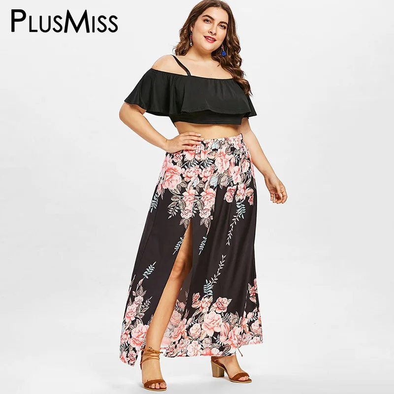 PlusMiss плюс Размеры с открытыми плечами укороченный топ и Цветочный принт Длинная