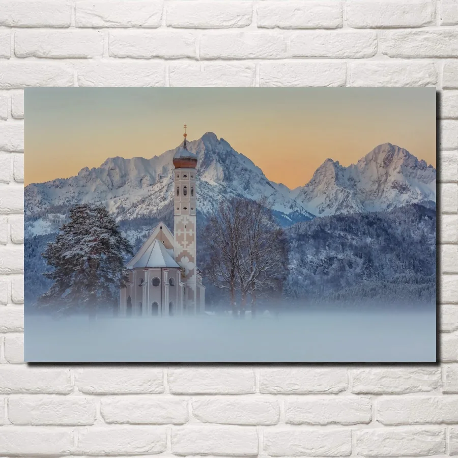 

alpenglow Schwangau St. Coloman mist nature landscape fabric posters on the wall picture home art living room decoration MC441