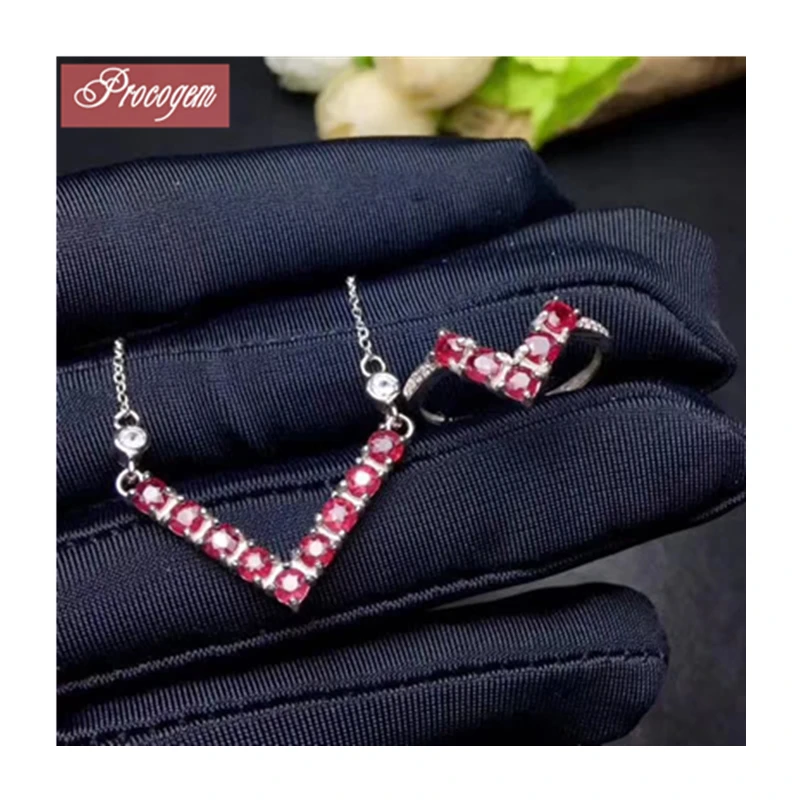 Натуральные рубиновые комплекты украшений для женщин элегантные Nacklace& Ring 925 стерлингового серебра женские для невесты оптовик#1037