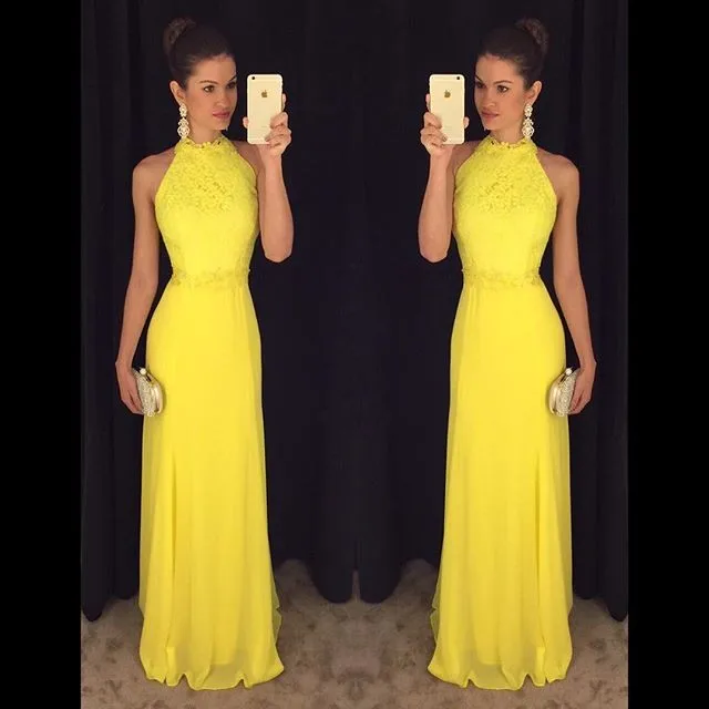 Желтый элегантный формальный длинные вечерние платья 2017 vestido de festa Холтер abendkleider